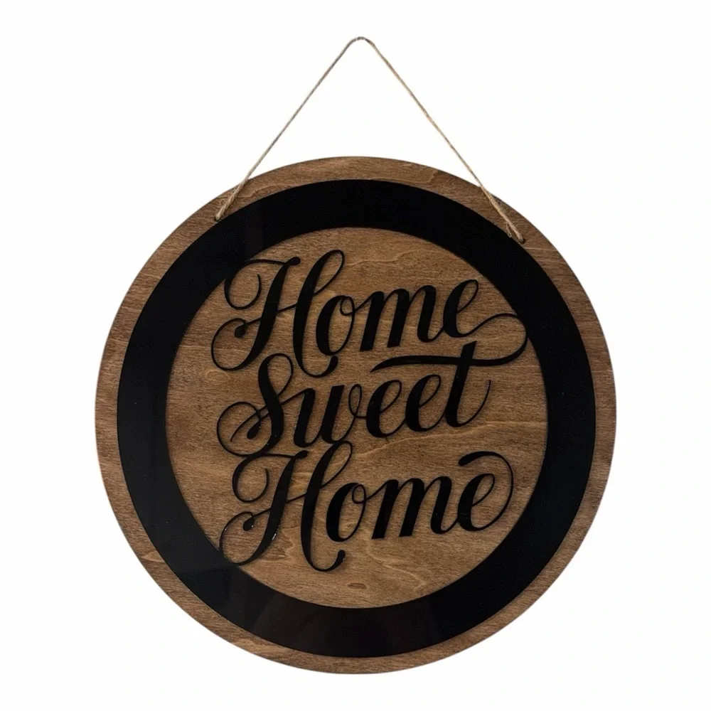 Home Sweet Home Layered Round Wall Sign - Black Acrylic and Natural Wood